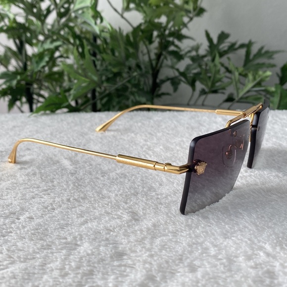 Versace Rectangular Rimless Sunglasses (Gold/Gray) - Picture 4 of 13